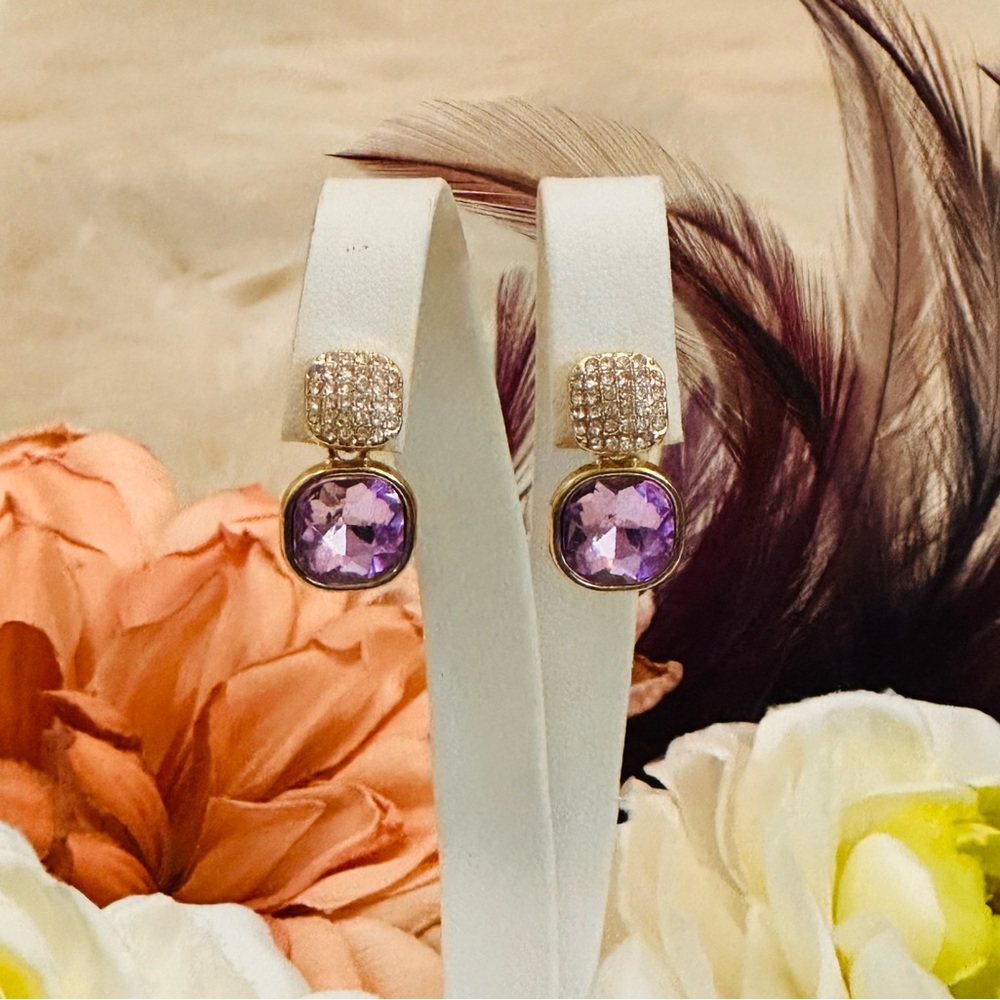 Purple Gemstone Birthstone Accent Earrings With Micro Pave Diamonds NEW!